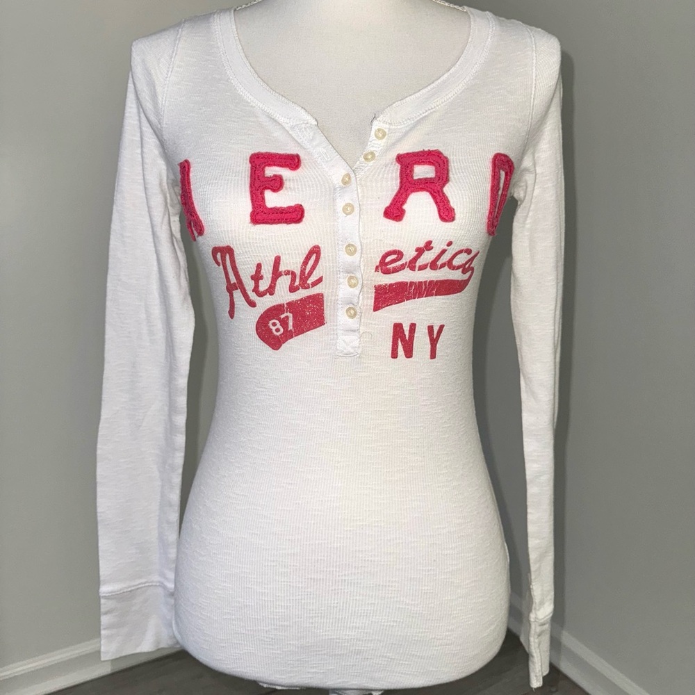 Vintage‎ Aeropostale White Ribbed Knit Henley Top Medium Long Sleeve Y2K 2000s